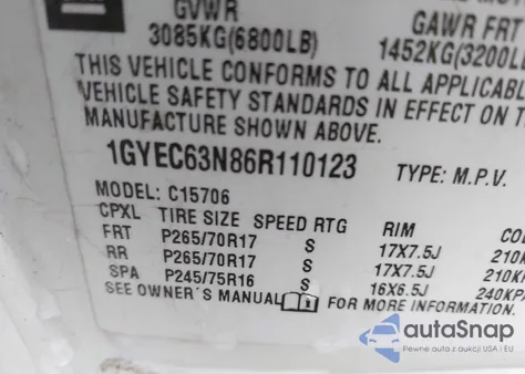 2006 Cadillac Escalade Standard z USA, uszkodzony, nr VIN 1GYEC63N86R110123